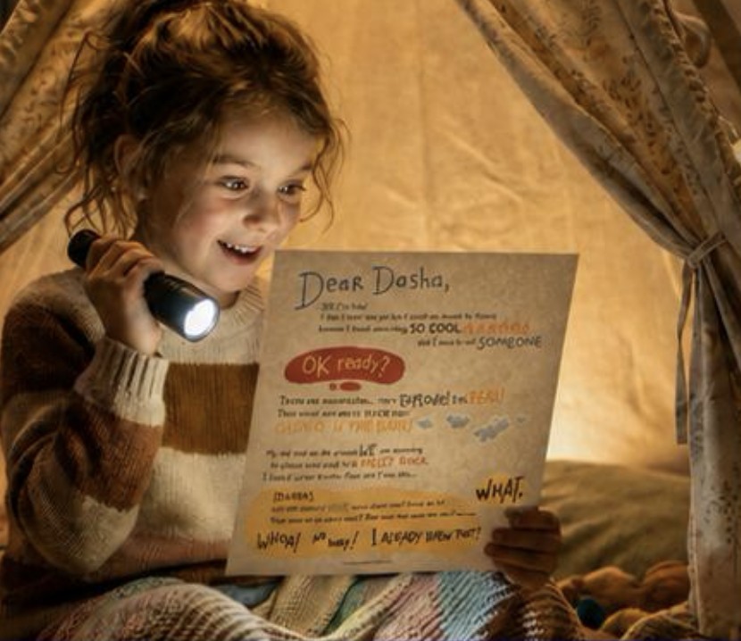 A delighted child reading a hand-written letter by flashlight inside a cozy blanket fort